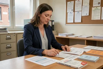 Enseignante contractuelle examinant sa grille salariale dans un bureau administratif de lycée