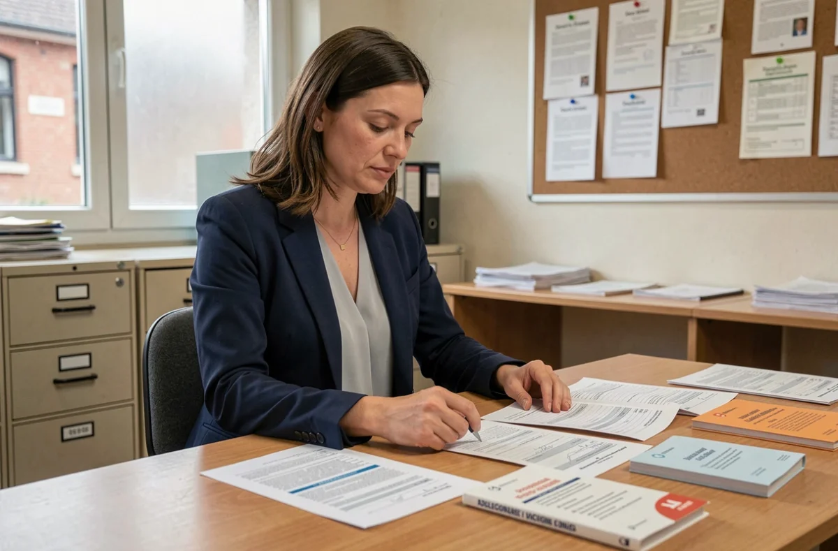 Enseignante contractuelle examinant sa grille salariale dans un bureau administratif de lycée