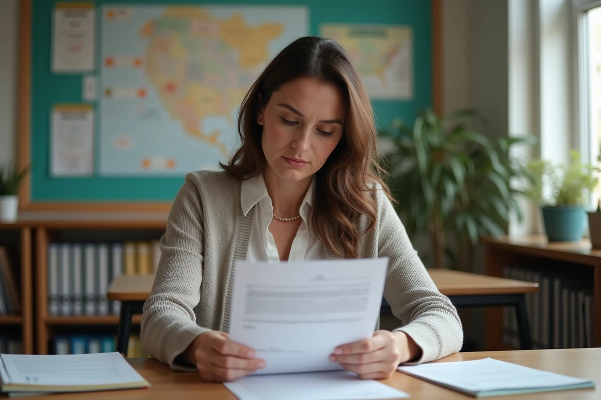 Enseignante femme examine ses papiers dans son bureau