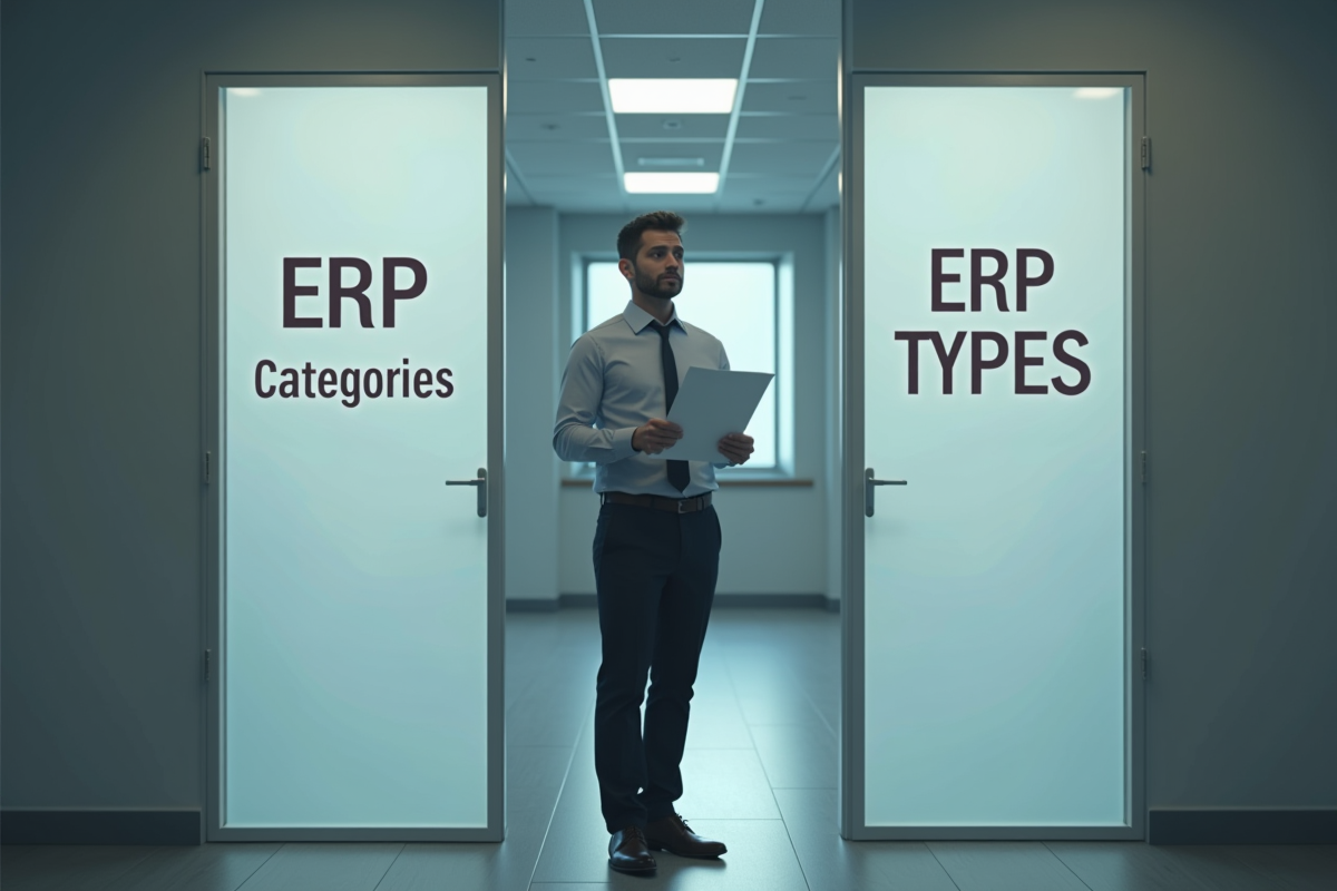 Entrepreneur confus tenant un document sur les catégories ERP