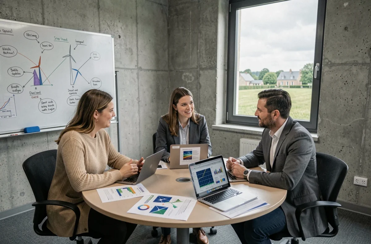 Équipe de professionnels analysant des données sur les énergies renouvelables lors d'une réunion de travail