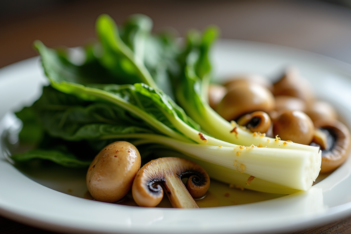 Gros plan sur escarole et enoki sur assiette blanche