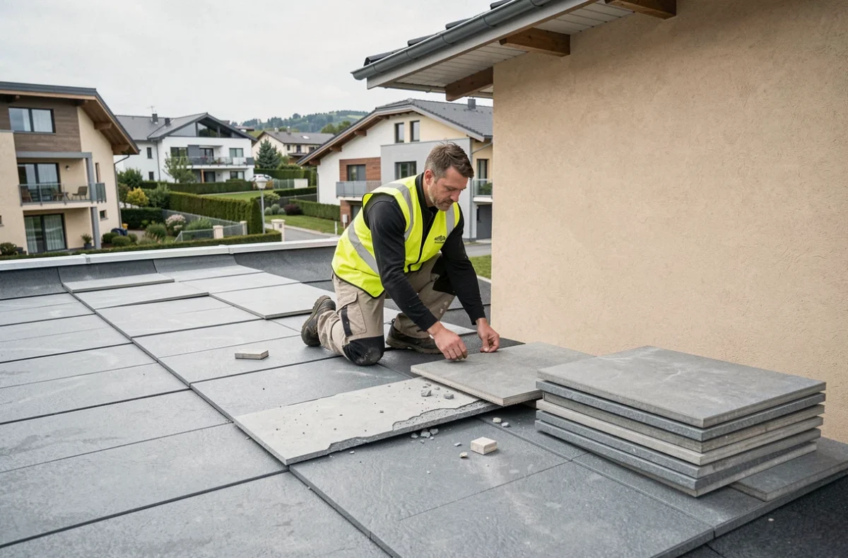 Couvreur inspectant et remplaçant des tuiles endommagées sur une maison contemporaine dans l'agglomération grenobloise