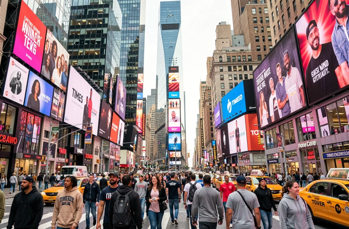 Times Square à New York bondé de piétons aux multiples origines ethniques avec les gratte-ciels et panneaux lumineux emblématiques