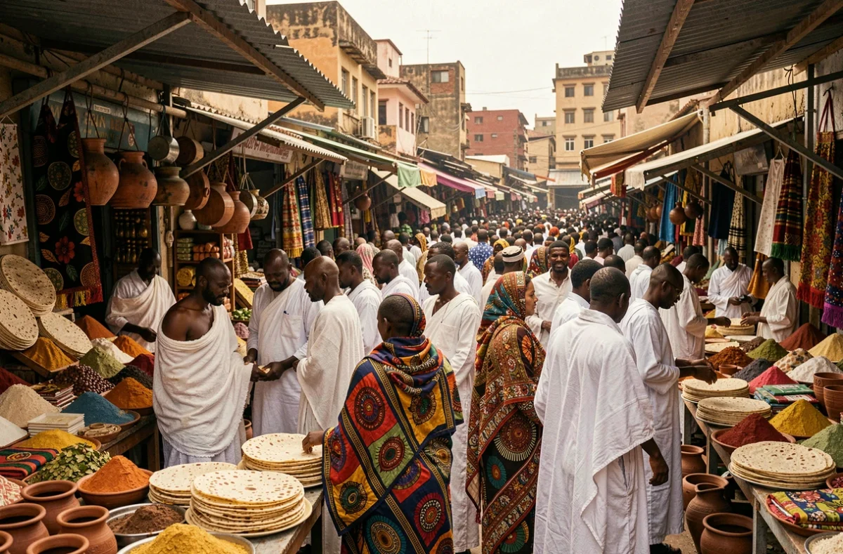 Le marché Merkato à Addis-Abeba en Éthiopie avec une foule dense en tenues traditionnelles blanches et colorées