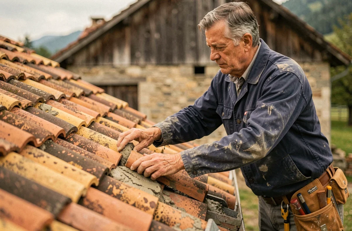 Couvreur expérimenté réparant une toiture en tuiles romaines sur une ancienne ferme en pierre en Isère