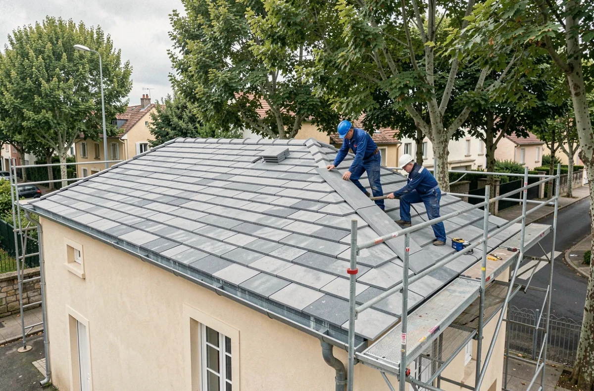 Deux couvreurs posant des tuiles plates sur un toit de maison individuelle dans une ville d'Isère