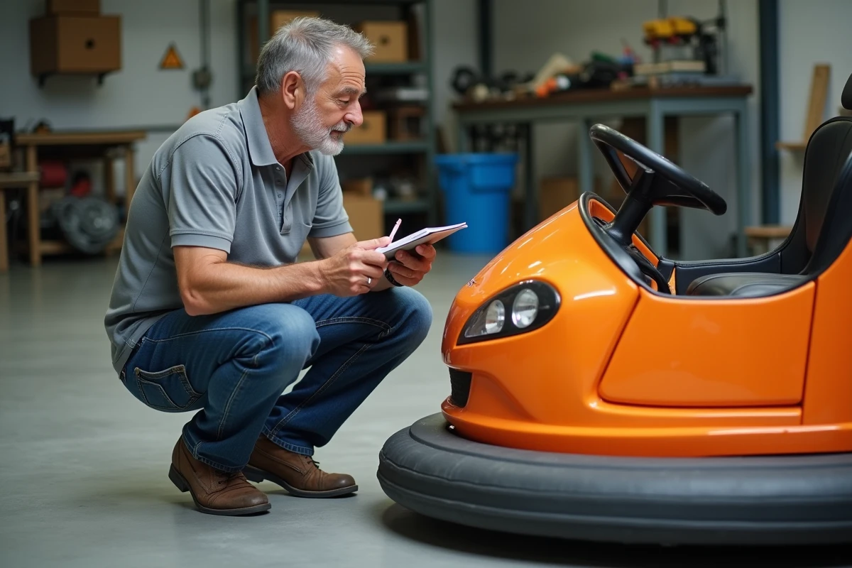 Homme inspectant une auto tamponneuse orange dans un atelier pour évaluer son prix avant achat