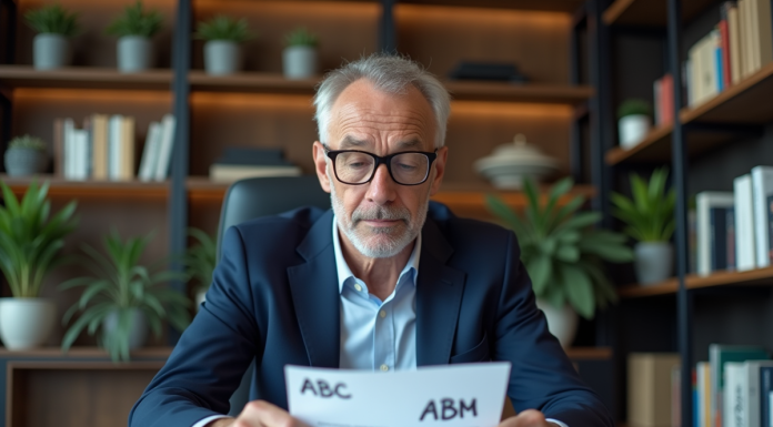 Expert en costume bleu compare documents annotés dans un bureau moderne