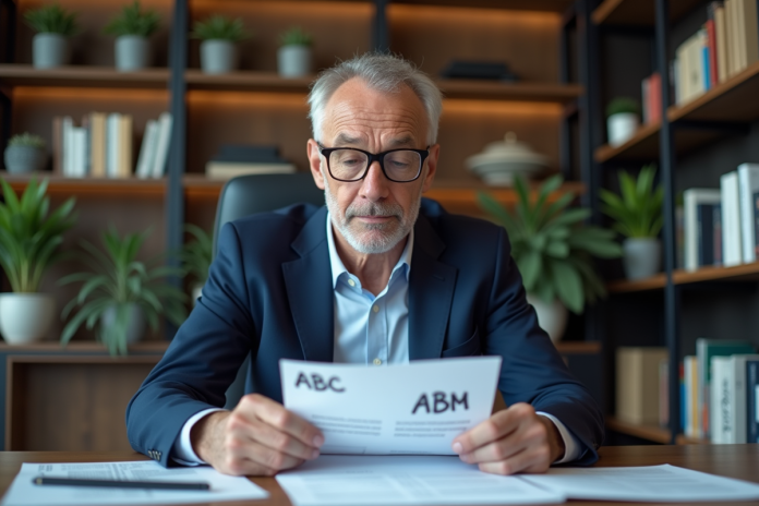 Expert en costume bleu compare documents annotés dans un bureau moderne