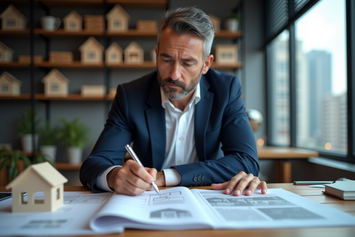 Expert immobilier examinant des plans et documents