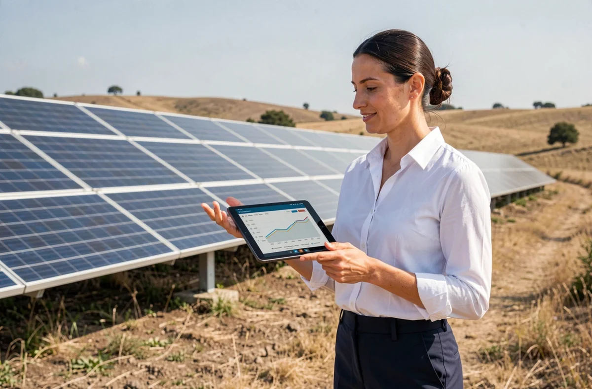 Experte en énergies renouvelables inspectant une installation de panneaux solaires en France avec une tablette de données