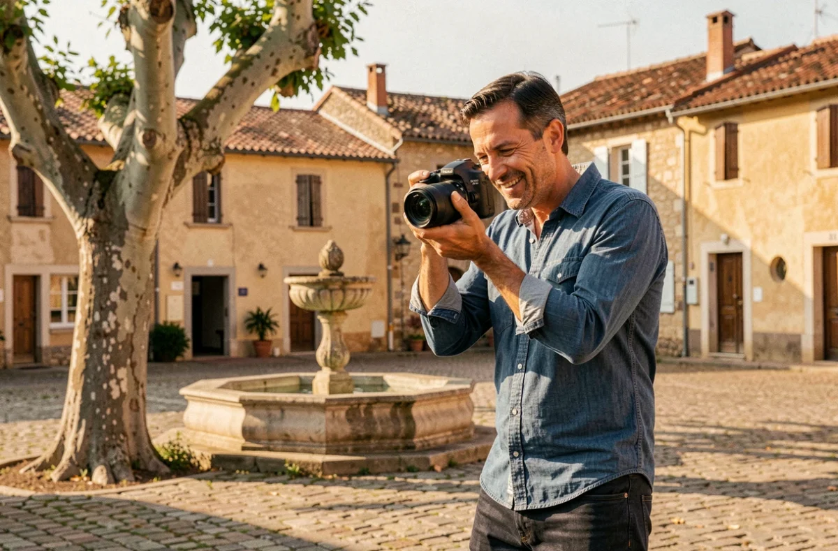 Fabiau Sébastien photographe en action sur une place de village ensoleillée du Tarn
