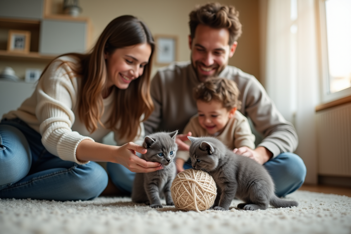 Famille jouant avec deux chatons gris dans le salon