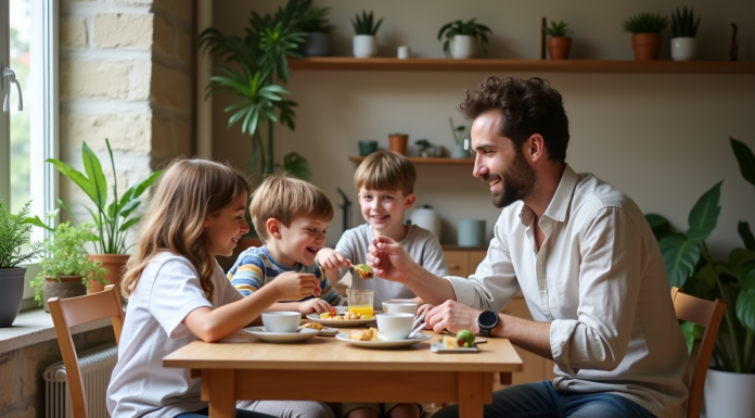 Familles en France : caractéristiques les plus courantes et actuelles en 2025 Famille française partageant le petit déjeuner dans un appartement parisien