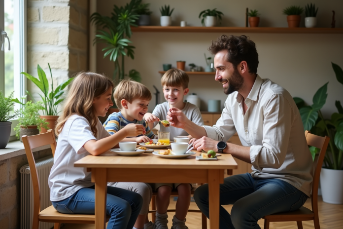 famille-francaise-petit-dejeuner-paris Famille française partageant le petit déjeuner dans un appartement parisien