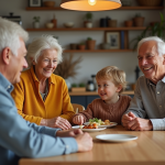 Famille multigenerationale réunie à table chaleureuse