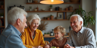 Famille multigenerationale réunie à table chaleureuse