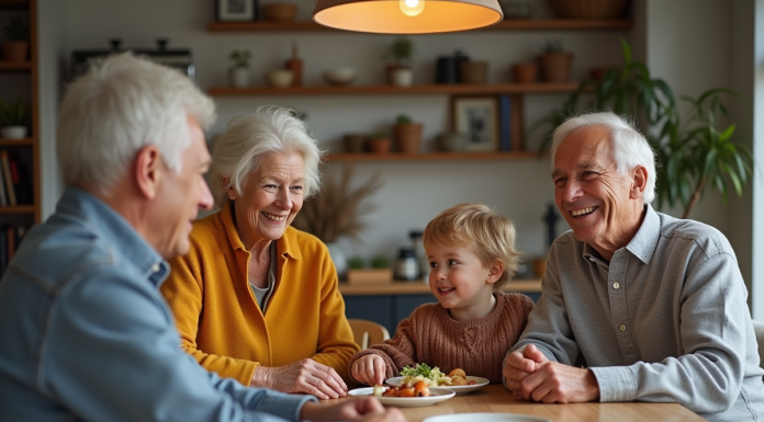 Famille multigenerationale réunie à table chaleureuse