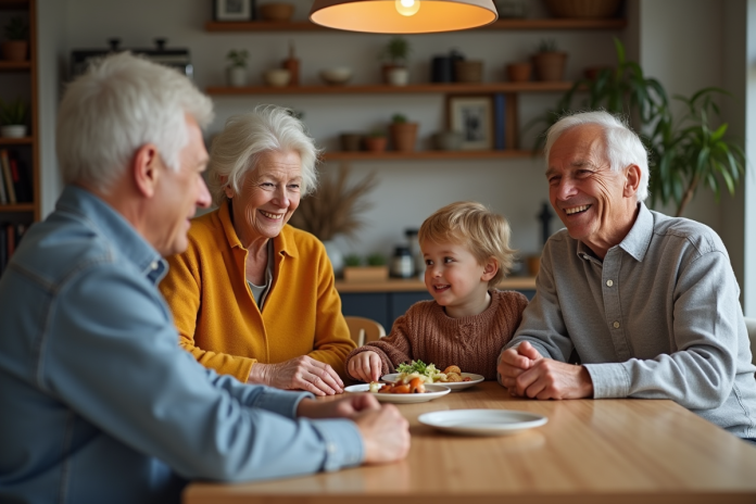 famille-generations-diner Famille multigenerationale réunie à table chaleureuse