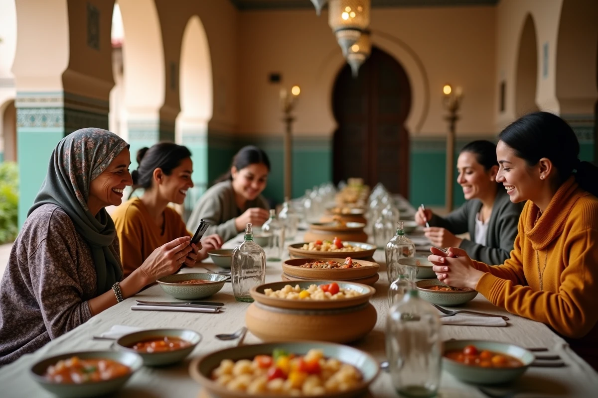 Famille marocaine réunie pour partager des expressions Saha Ftourek autour d'un repas de l'Aïd en famille
