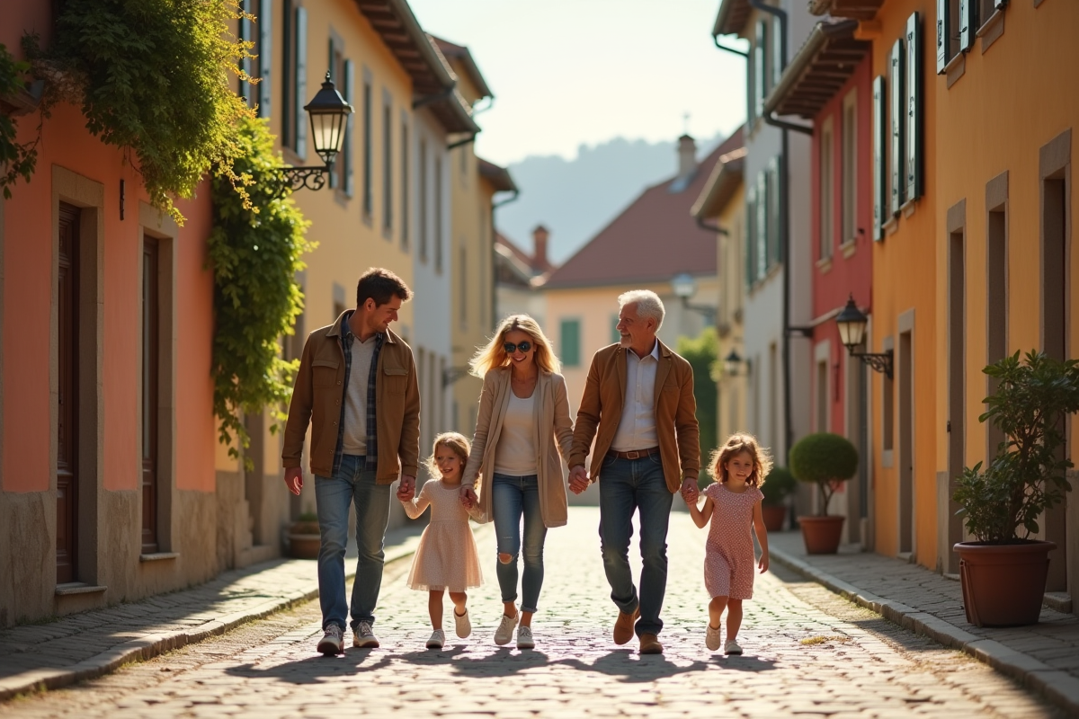 Famille française multigénération marchant dans un village pittoresque