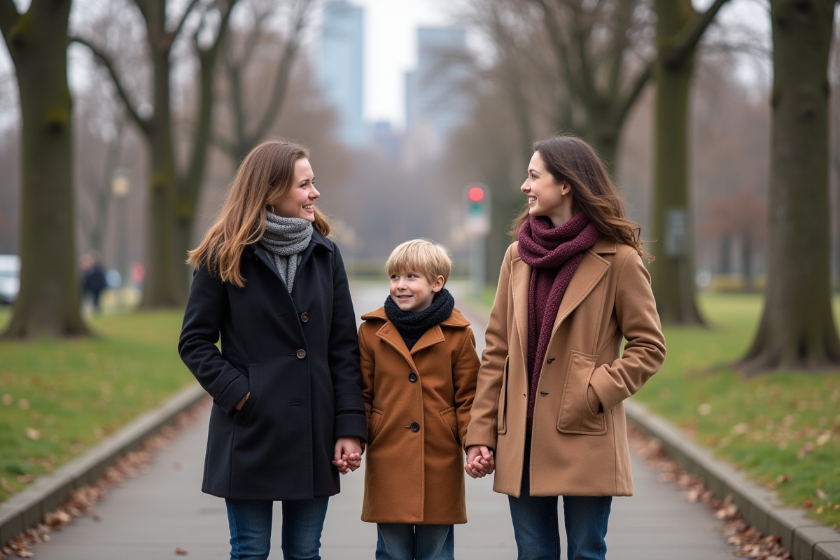 Famille moderne dans un parc urbain en hiver