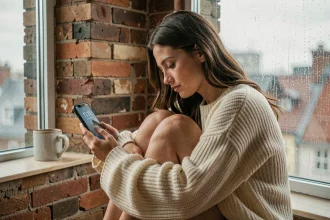 Jeune femme mélancolique regardant l'heure 11h11 sur son téléphone près d'une fenêtre pluvieuse pendant une rupture amoureuse