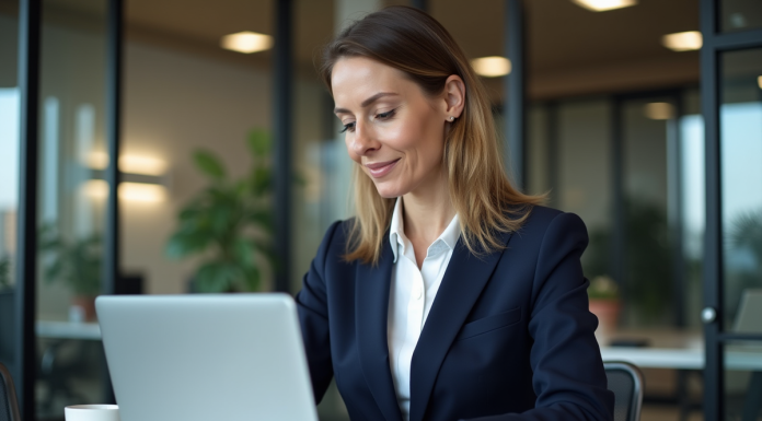 Comment choisir le meilleur logiciel de paie pour votre PME : critères et recommandations Femme d'affaires examinant un logiciel de paie au bureau