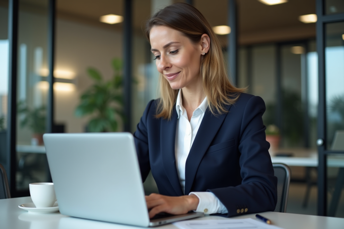 Femme d'affaires examinant un logiciel de paie au bureau