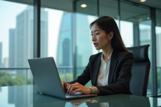 Femme d affaires asiatique en visioconference dans un bureau moderne