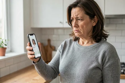 Femme agacée regardant un appel inconnu du 0424 sur son smartphone dans une cuisine moderne
