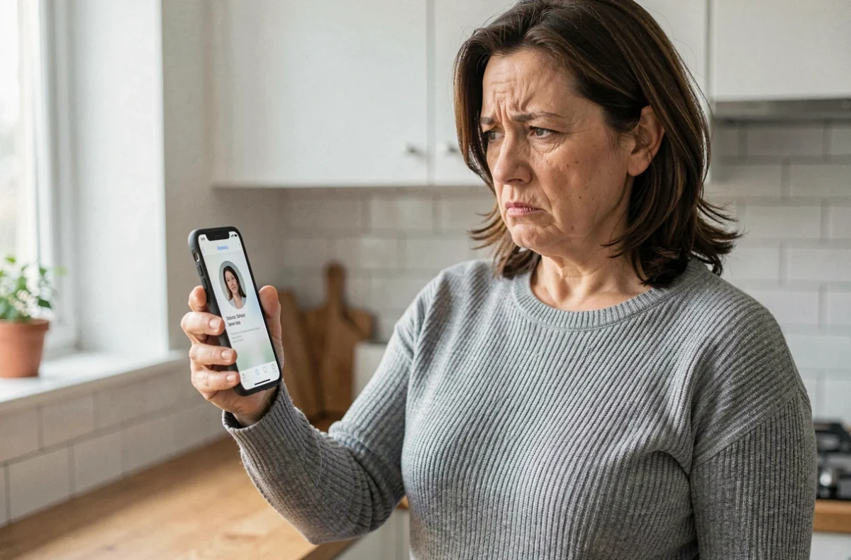 Femme agacée regardant un appel inconnu du 0424 sur son smartphone dans une cuisine moderne