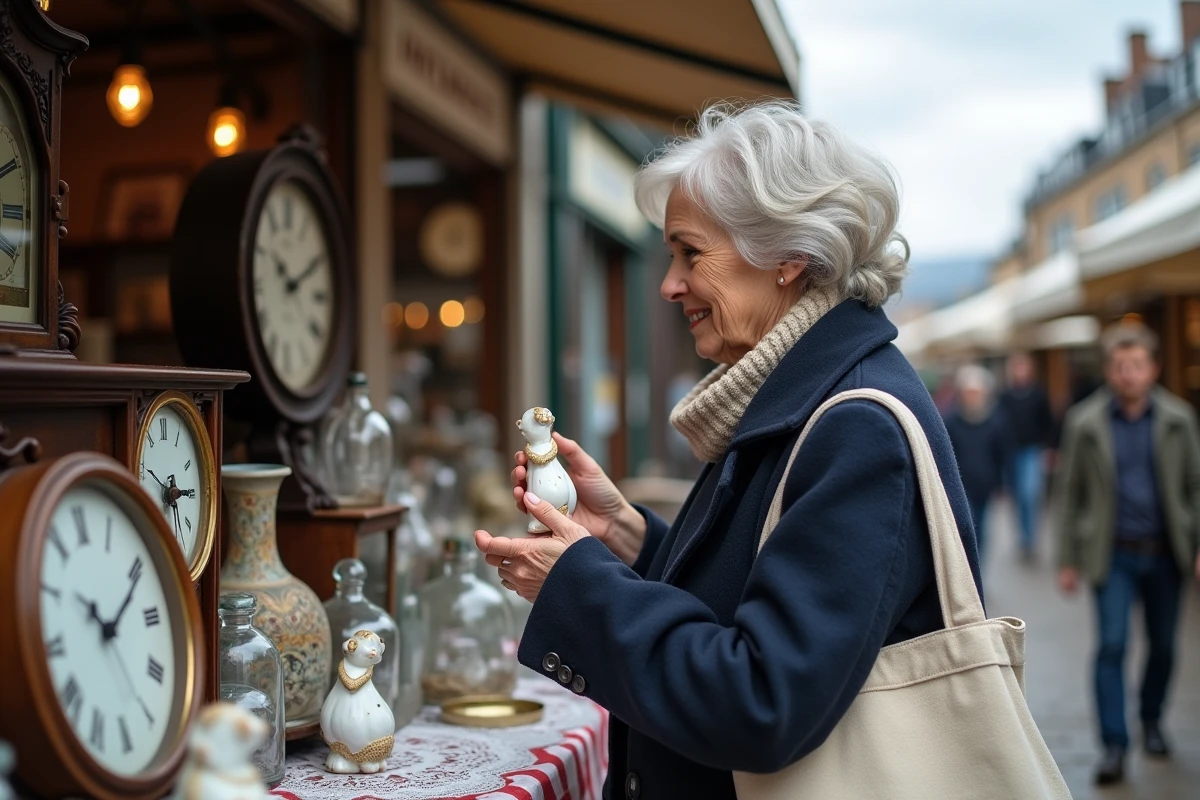 Femme examinant une figurine en porcelaine vintage sur un stand de braderie en plein air, objets de collection et brocante sur la table