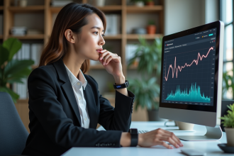 Femme d'affaires portant un capteur GSR au poignet dans un bureau moderne
