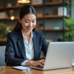 Technologie de traduction : quelles solutions performantes utilisées aujourd’hui ? Jeune femme au bureau utilisant ordinateur et smartphone