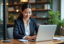 Technologie de traduction : quelles solutions performantes utilisées aujourd’hui ? Jeune femme au bureau utilisant ordinateur et smartphone