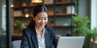 Jeune femme au bureau utilisant ordinateur et smartphone