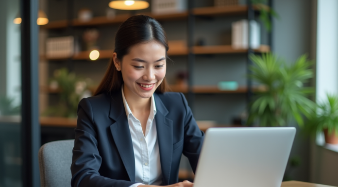 Technologie de traduction : quelles solutions performantes utilisées aujourd’hui ? Jeune femme au bureau utilisant ordinateur et smartphone