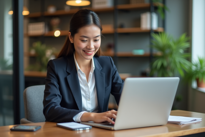 femme-bureau-ordinateur-smartphone Jeune femme au bureau utilisant ordinateur et smartphone