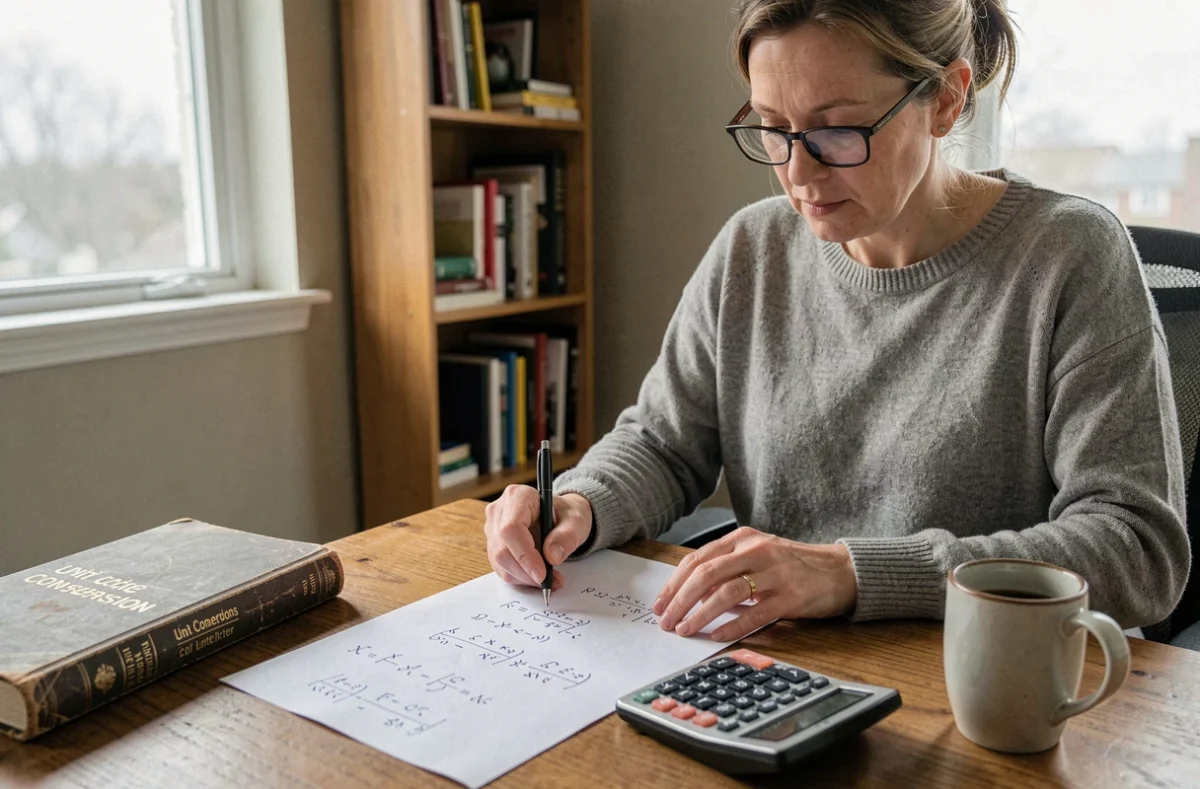 Femme effectuant des calculs de conversion entre mètres cubes et litres à son bureau