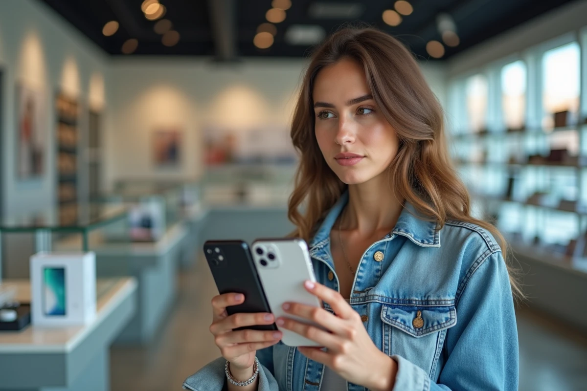Femme comparant un iPhone 16e neuf et un iPhone 16e reconditionné dans une boutique de téléphonie