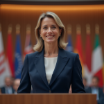 Personne la plus influente au monde : Découvrez le classement 2025 Femme confiante en costume navy lors d'une conférence