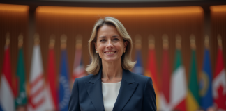 Personne la plus influente au monde : Découvrez le classement 2025 Femme confiante en costume navy lors d'une conférence