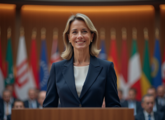 Personne la plus influente au monde : Découvrez le classement 2025 Femme confiante en costume navy lors d'une conférence