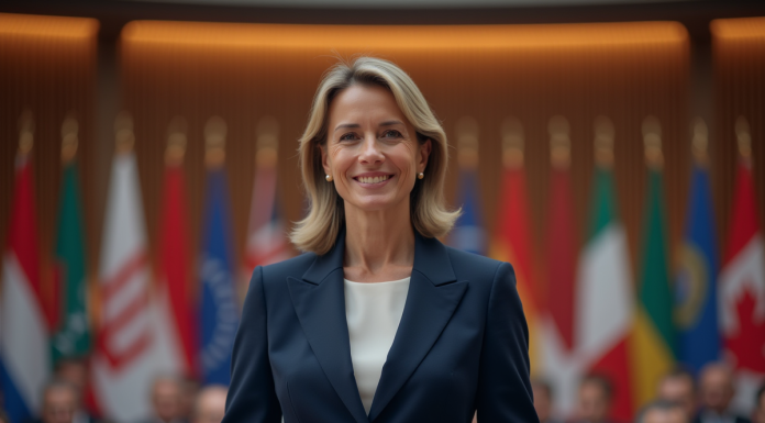 Femme confiante en costume navy lors d'une conférence