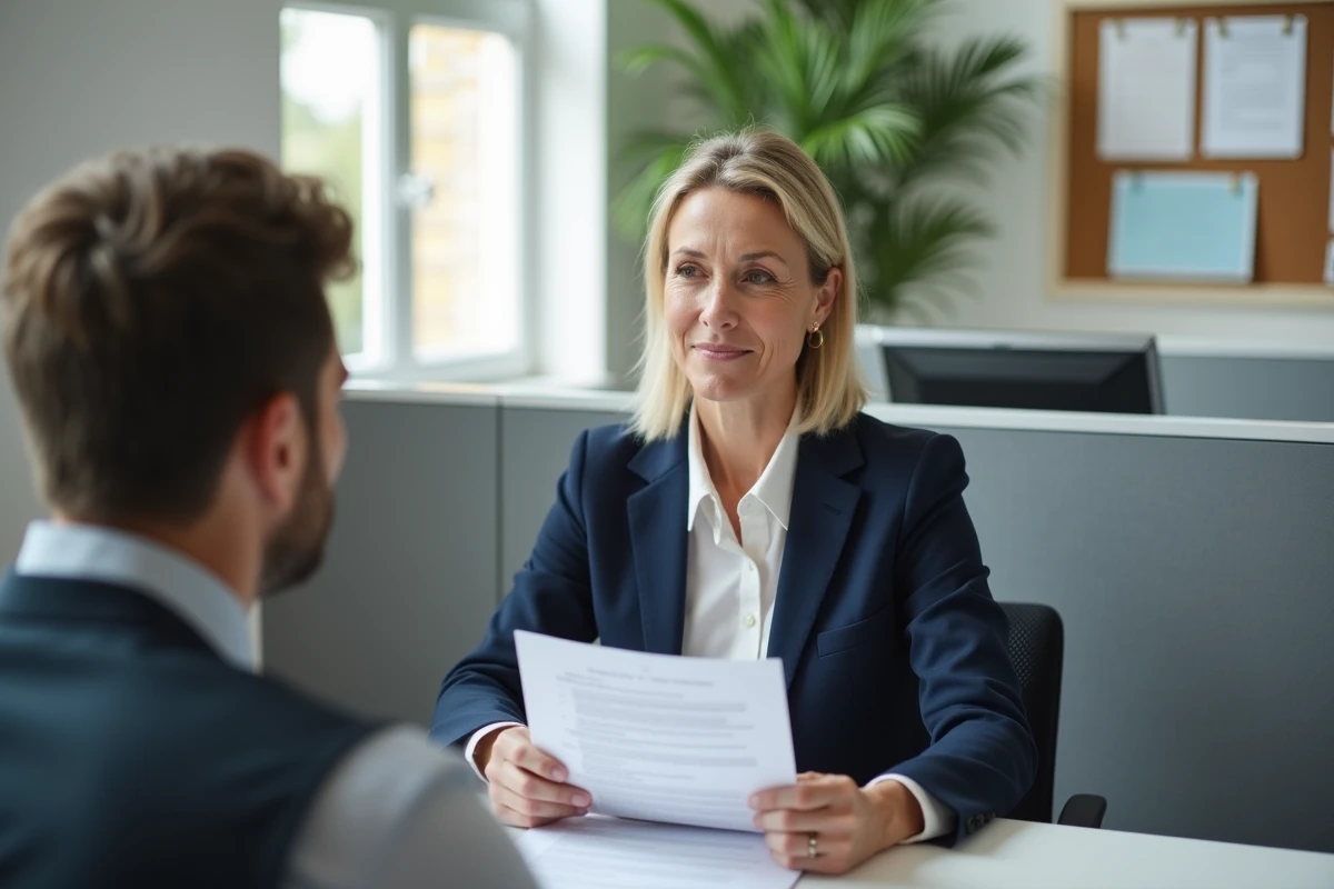 Femme en entretien avec un conseiller emploi dans une agence locale à Sarralbe, tenant son CV dans un bureau professionnel