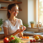 Femme souriante dans la cuisine avec vitamine E et fruits frais