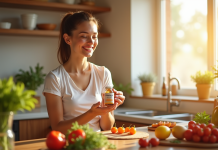 Femme souriante dans la cuisine avec vitamine E et fruits frais
