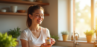 Femme souriante dans la cuisine avec vitamine E et fruits frais
